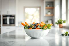 Healthy salad in a white bowl featuring carrots, blueberries, and mint leaves. The vibrant orange and blue colors contrast against a bright, modern kitchen backdrop with white cabinets and a marble countertop. Focus on fresh ingredients and wellness lifestyle.