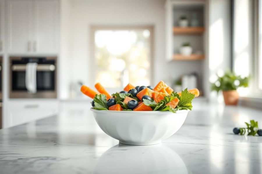 Healthy salad in a white bowl featuring carrots, blueberries, and mint leaves. The vibrant orange and blue colors contrast against a bright, modern kitchen backdrop with white cabinets and a marble countertop. Focus on fresh ingredients and wellness lifestyle.