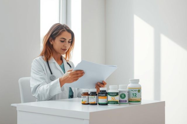 A female doctor in a white coat reviews medical documents and supplements on a white desk. The bright, clean environment and focus on health products suggest a healthcare or wellness context. Natural light and a neutral color palette create a professional, trustworthy feel.