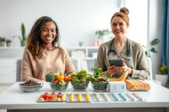 Healthcare professional consults with a patient about healthy eating and medication. The image showcases fresh fruits, vegetables, and pills arranged on a table in a bright, modern clinic setting. Focus on nutrition, wellness, and medical consultation. 
