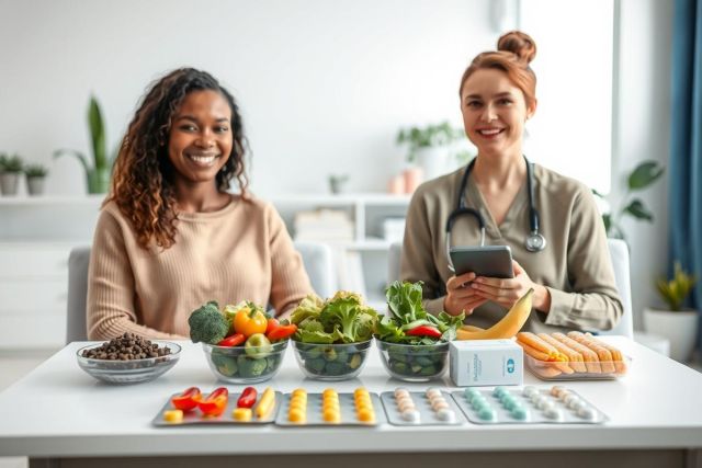 Healthcare professional consults with a patient about healthy eating and medication. The image showcases fresh fruits, vegetables, and pills arranged on a table in a bright, modern clinic setting. Focus on nutrition, wellness, and medical consultation. 