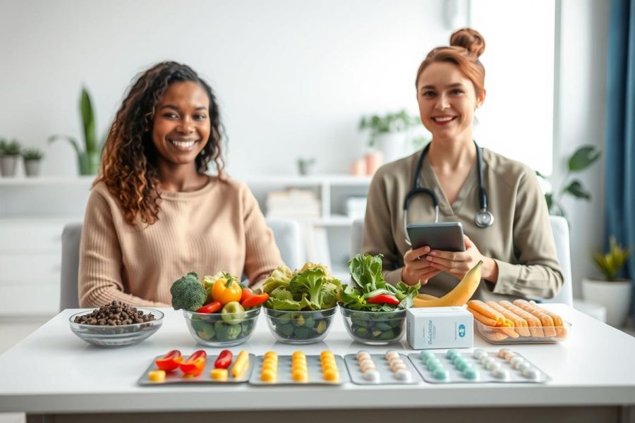 Healthcare professional consults with a patient about healthy eating and medication. The image showcases fresh fruits, vegetables, and pills arranged on a table in a bright, modern clinic setting. Focus on nutrition, wellness, and medical consultation.
