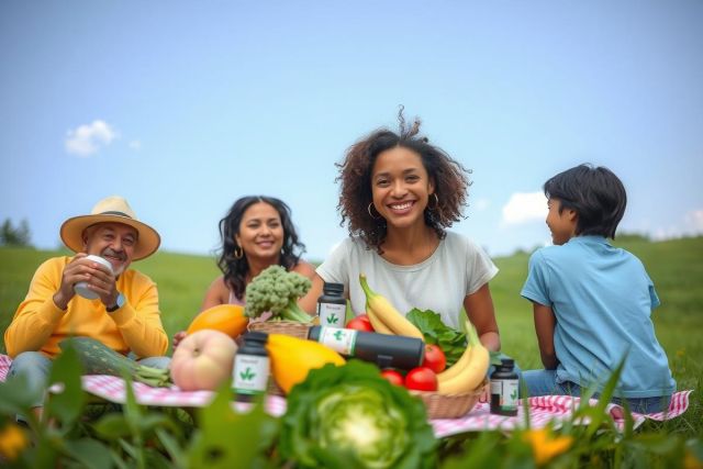 The photo shows a family picnicking outdoors on a sunny day. There are four people: a man, a woman, and two children—two boys and a girl. They are sitting on the ground on a pink blanket. Fresh fruit like bananas and oranges, as well as vegetables like carrots and lettuce, are also scattered on the ground.