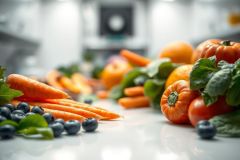 Fresh, vibrant produce display featuring carrots, oranges, tomatoes, blueberries, and leafy greens. A healthy food arrangement on a white surface with a blurred kitchen background, emphasizing a clean and bright aesthetic. Ideal for healthy eating, nutrition, and food photography themes.