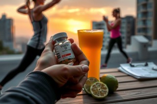 The image depicts an outdoor scene at what appears to be either sunrise or sunset, as indicated by the warm hues of the sky. In the foreground, a hand is holding up a bottle of Vitamin D supplements with the label clearly visible.