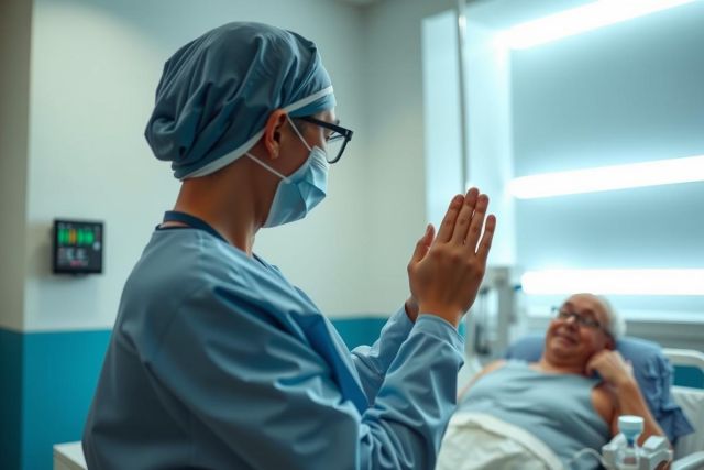 Healthcare worker in scrubs and mask talks with an elderly patient in a hospital bed. Clinical setting, focus on patient care and medical interaction. Blue tones dominate the scene.