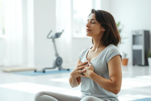Woman meditating in a bright, modern home gym. She's seated in a relaxed pose, practicing mindfulness with eyes closed. Light gray and white tones dominate the scene, conveying tranquility and wellness. Focus on yoga, meditation, fitness, and mental health.