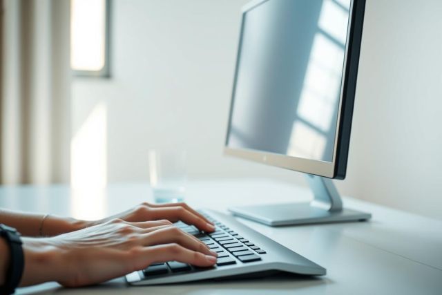 Close-up of hands typing on a modern silver keyboard with a monitor in a bright, white office setting. A glass of water sits nearby. Focus is on work, technology, and a clean, professional workspace. Ideal for remote work, office, or computer related searches.