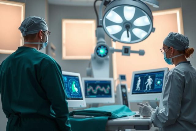 The image shows a modern medical operating room with two surgeons dressed in sterile gowns and masks. They are facing each other, suggesting collaboration during a surgical procedure. The room is well-equipped with advanced medical devices, including monitors displaying vital signs and a large screen for visualization during the operation. The environment conveys a sense of professionalism and precision commonly associated with modern medical settings.