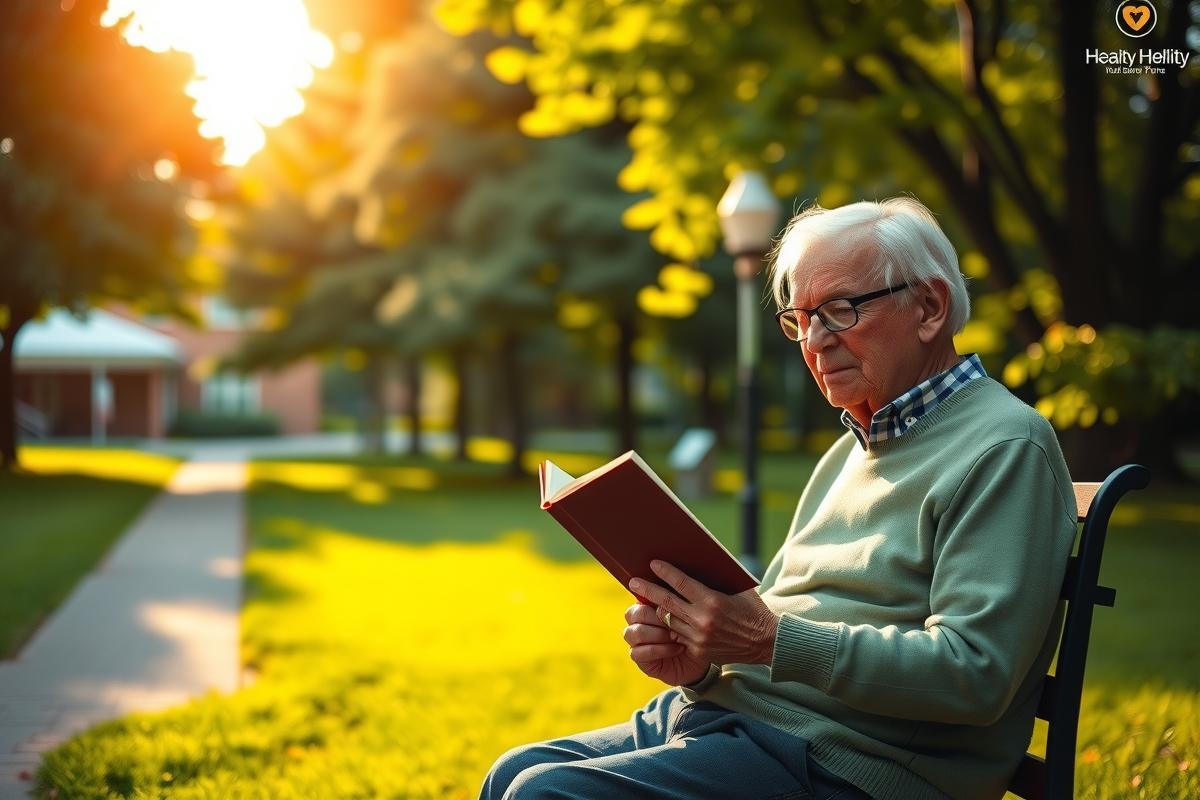 A serene outdoor scene. An older gentleman sits on a park bench, engaged in reading a book with the sun shining brightly.