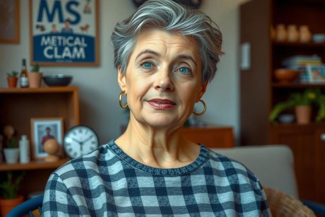 The image shows an older woman sitting on a sofa with her arms crossed. She has short, grey hair and is wearing earrings. The room appears to be indoors with a cozy atmosphere. There are decorations such as a clamshell sign hanging on the wall.
