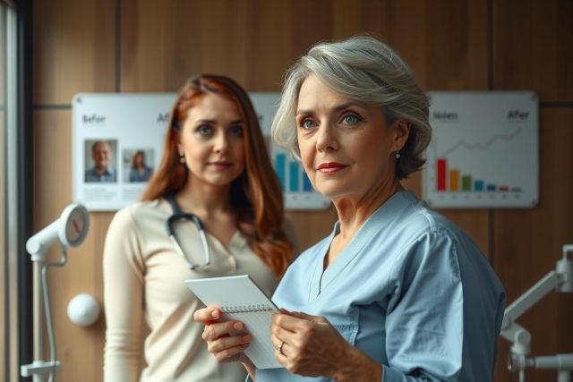 In the image, there are two nurses in a healthcare setting. The older nurse is standing behind the counter and appears to be reading or looking at a document, while the younger nurse stands across from her with an attentive expression. They both wear clinical uniforms. The environment includes medical equipment such as monitors and various medical supplies on the counter in front of them.