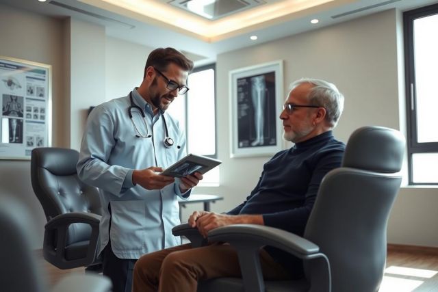 Doctor examines patient during consultation, holding tablet. Healthcare setting, warm lighting. Focus on medical checkup and patient care.