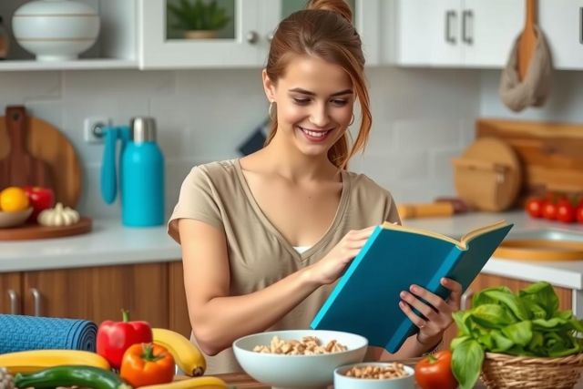 The image depicts a young woman in a kitchen, standing near the counter. She is holding an open cookbook and appears to be reading or looking at its contents.