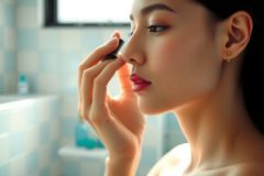 Woman applying perfume, elegant portrait. Soft lighting highlights her face and jewelry. A minimalist bathroom setting creates a serene atmosphere. Focus on beauty and fragrance.