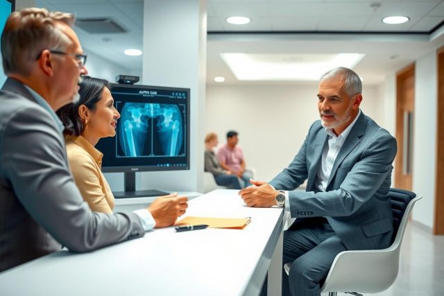 Medical consultation in a clinic. A doctor discusses an X-ray with patients. Healthcare professionals in a modern setting. Blue and white tones dominate the image, conveying a professional and clinical environment.