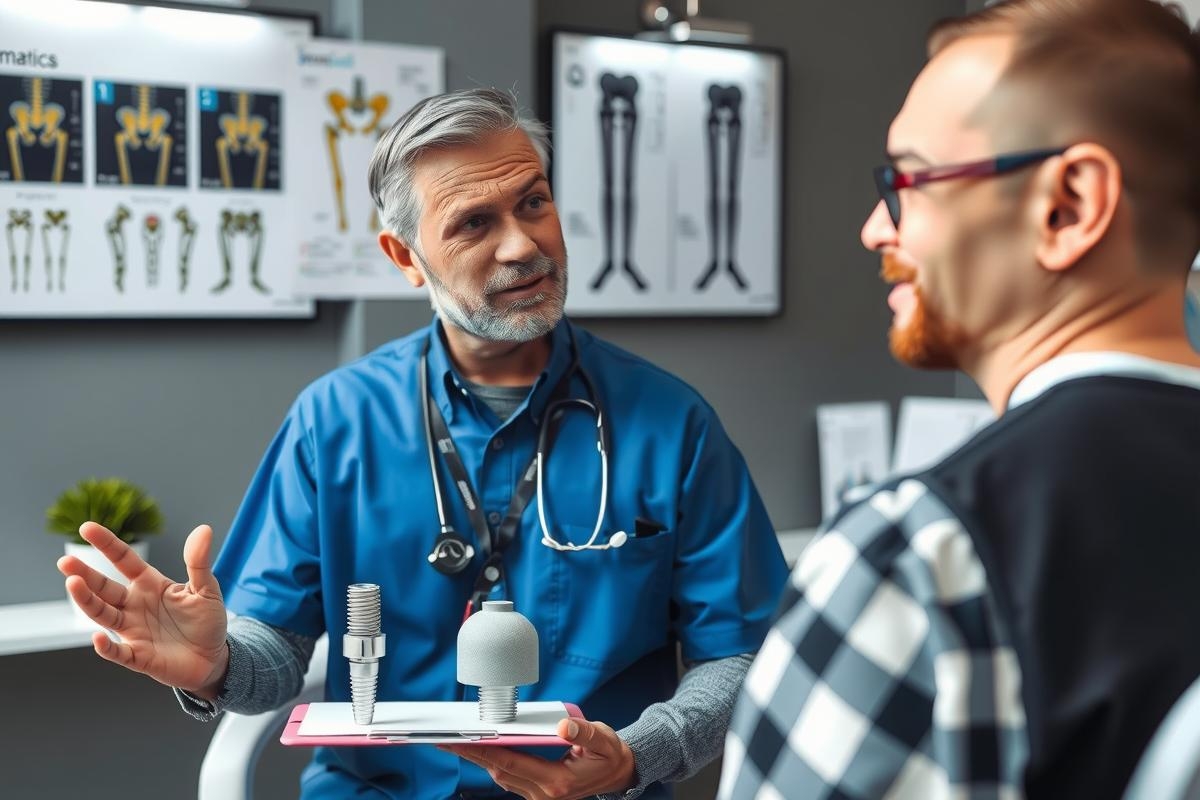 This image shows a professional setting where an orthopedic specialist is engaged in conversation with a patient. The physician, wearing a surgical gown and stethoscope, is seated behind a table with medical diagrams.
