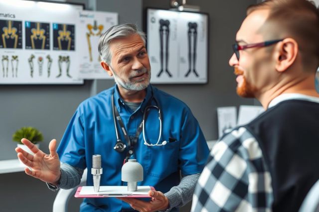 This image shows a professional setting where an orthopedic specialist is engaged in conversation with a patient. The physician, wearing a surgical gown and stethoscope, is seated behind a table with medical diagrams.