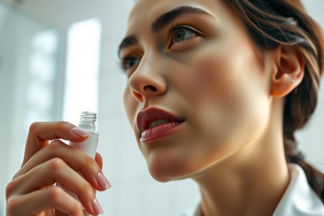 Close-up of a woman holding a bottle, likely perfume or essential oil. She appears to be smelling it. Soft lighting and a blurred background create a focus on the subject and the product.