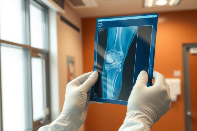 X-ray image of a knee joint, held by hands in medical gloves. Diagnostic scan showing bone structure, likely in a clinical or hospital setting.