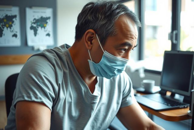 The image shows a person wearing a surgical mask and scrubs, working at a desk. The individual appears to be focused on a computer screen.
