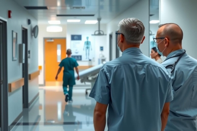The image portrays a hospital emergency room setting with medical personnel. A doctor wearing a surgical gown walks down the hallway towards a patient. The environment is clinically clean and equipped, with medical equipment and supplies in the background.