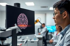 Scientists examine brain scans on a monitor in a laboratory setting. The image showcases medical research, neuroscience, and diagnostic technology with a focus on brain imaging.