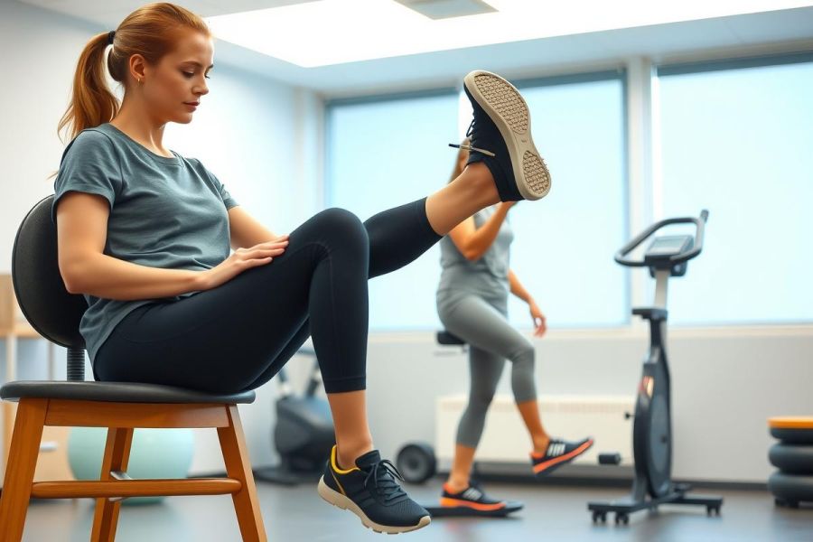 Woman stretching legs while seated on a wooden stool in a gym. Fitness exercise, stretching routine, workout session, gym equipment in the background. Active lifestyle, wellness, health.