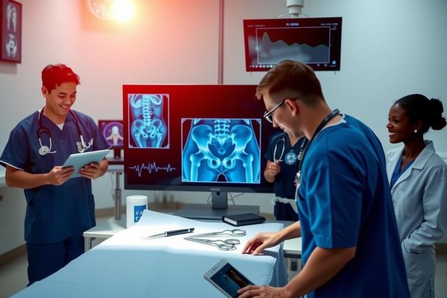 In the image, a group of medical professionals are gathered around a patient's CT scan. There is one doctor standing in front of the scans, examining them closely.