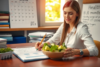 A woman sitting at a desk with a bowl of fruit, holding a pen and smiling while working on paperwork.