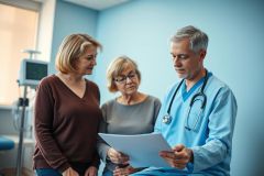 Doctor discussing medical results with two patients in a bright, blue-toned clinic. The scene depicts healthcare consultation, featuring a concerned woman and elderly patient reviewing paperwork with a male physician wearing a stethoscope. Focus on medical care, patient communication, and healthcare professionals.