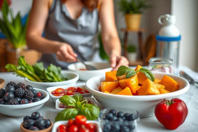 Image of a person preparing a healthy meal. The individual is arranging various fruits and vegetables in bowls on the counter, creating a vibrant display with reds, greens, purples, and blues from the ingredients.