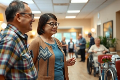 In the image, there is a man and woman standing in what appears to be an indoor environment, possibly a hospital or elder care facility. The man is wearing glasses and has a plaid shirt on, while the woman is dressed in a blue sweater with a dark vest over it.