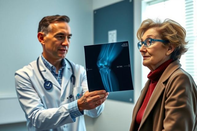 Doctor shows patient an X-ray image, likely related to knee or bone health. Healthcare professional consultation, diagnostic imaging, medical examination, patient care, and hospital setting are visible.