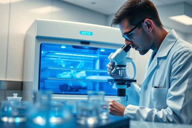 Scientist in a lab coat using a microscope in a modern research facility. Blue illuminated equipment and glassware are visible. Image depicts scientific research, biology, and laboratory work with a focus on precision and analysis.