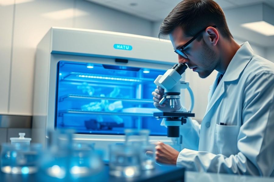 Scientist in a lab coat using a microscope in a modern research facility. Blue illuminated equipment and glassware are visible. Image depicts scientific research, biology, and laboratory work with a focus on precision and analysis.
