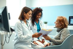 Healthcare professionals consult with a patient in a bright, modern clinic. Two doctors, one reviewing a chart, discuss with a smiling patient. A medical examination setting with a focus on patient care and communication. White coats, blue accents, and a friendly atmosphere.