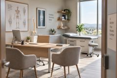 Orthopedics consultation office with desk, chairs, spine model, knee x-ray, and exam table.