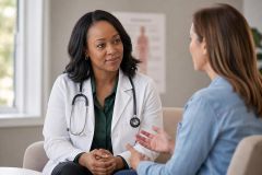 Doctor in white coat consulting with a patient in a calm clinic setting about treatment.