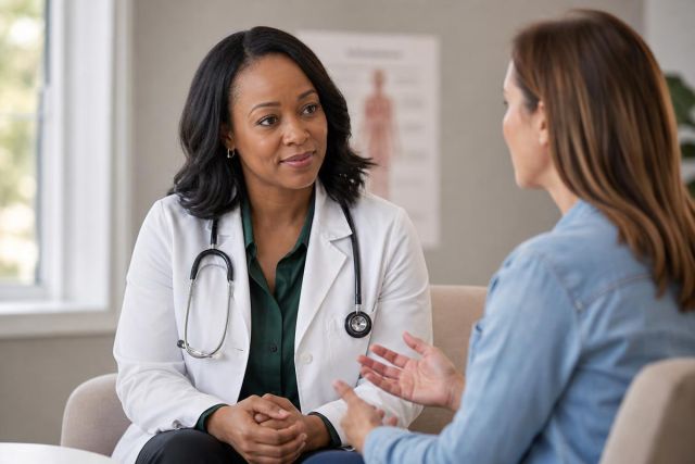 Doctor in white coat consulting with a patient in a calm clinic setting about treatment.