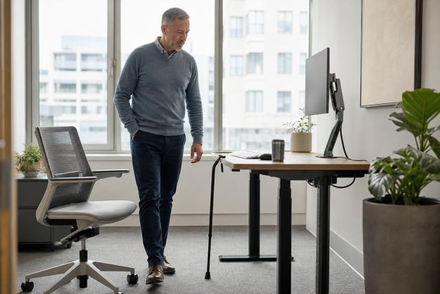 Middle-aged worker using a cane in an office, assessing readiness to return to work.