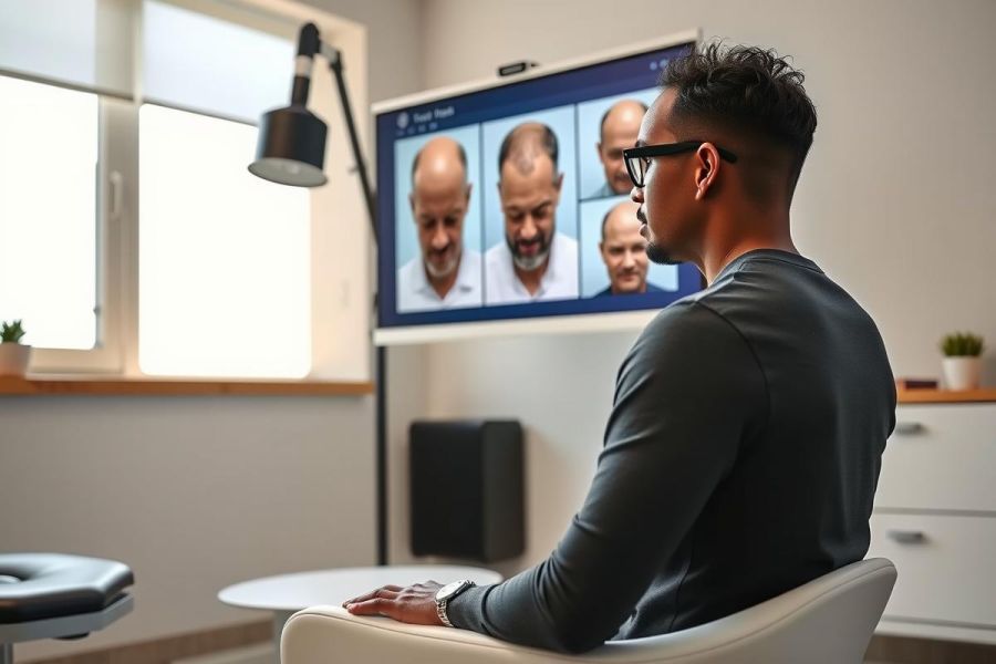 Man sitting in a modern office chair, viewed from the back, facing a screen displaying a slideshow of faces. The scene features a bright, minimalist room with natural light and a clean aesthetic.