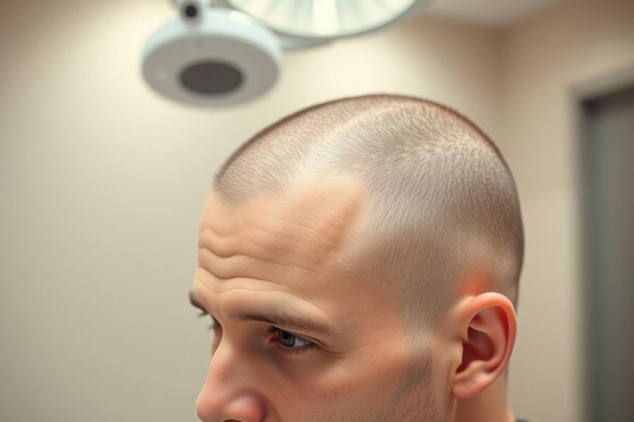 Close-up portrait of a man with a buzz cut hairstyle, likely in a medical setting under bright examination lights. Neutral color palette with beige walls and skin tones. Focus on facial features and short hair.