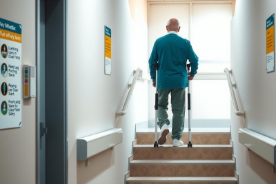 The image depicts an elderly male in a hospital setting. He is wearing scrubs and using crutches to assist with his walk, indicating he may have mobility issues or an injury requiring assistance.