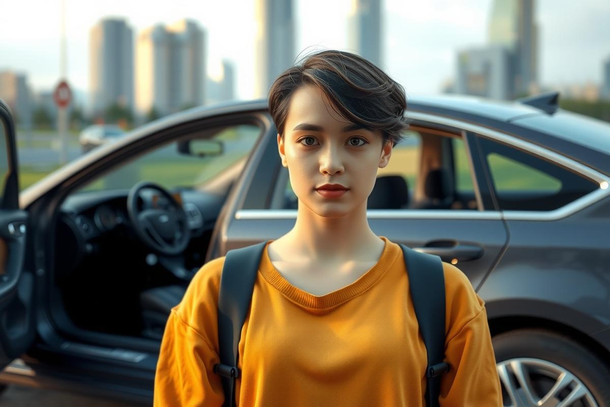 The image is a square promotional photograph featuring a young woman with short hair, wearing an orange shirt and a black backpack. She stands in front of an open car door, posing for the camera with a serious expression. The setting appears to be a city street with a blurred background suggesting urban environment.