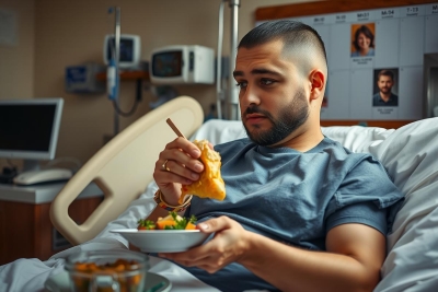 The image depicts a man sitting in a hospital bed, holding up chopsticks with food on them. He appears to be enjoying a meal while being in the hospital setting. The environment suggests medical care and recovery, with visible medical equipment and a clinical atmosphere.