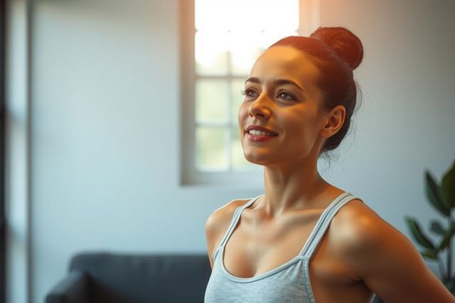 The image shows a woman in an indoor setting, possibly a home or office. She is wearing a sleeveless top and appears to be in motion, suggesting that she may have been dancing or exercising.