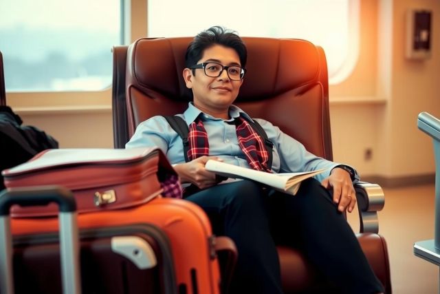The image shows a person sitting comfortably in an airport lounge chair, wearing glasses and smiling. There are several pieces of luggage around the individual, including suitcases and a backpack. The environment suggests travel or waiting for a flight.