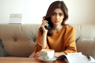 The image shows a young woman sitting at what appears to be a cafe or workspace. She is wearing a warm, yellow top and has her hair pulled back. Her expression is contemplative as she looks down while holding a smartphone to her ear, suggesting she might be engaged in a conversation on the phone.