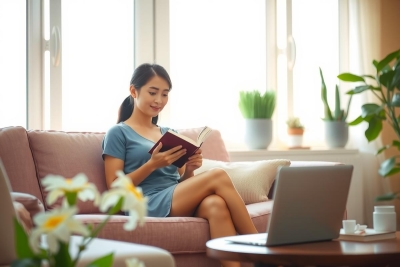 A woman in a grey dress is seated on a couch, reading a book. Her legs are crossed comfortably on the arm of the sofa. She has short hair and is smiling at something off-frame. The room has a warm ambiance with natural light streaming in from two windows to her side.